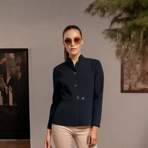 Tahari Arthur S Levine Black Button Front Mock Collar Blazer Size 10 NWOT